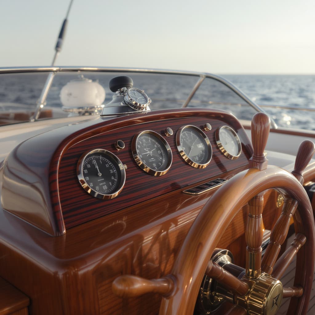 Teak deck and brass instruments on the superyacht helm